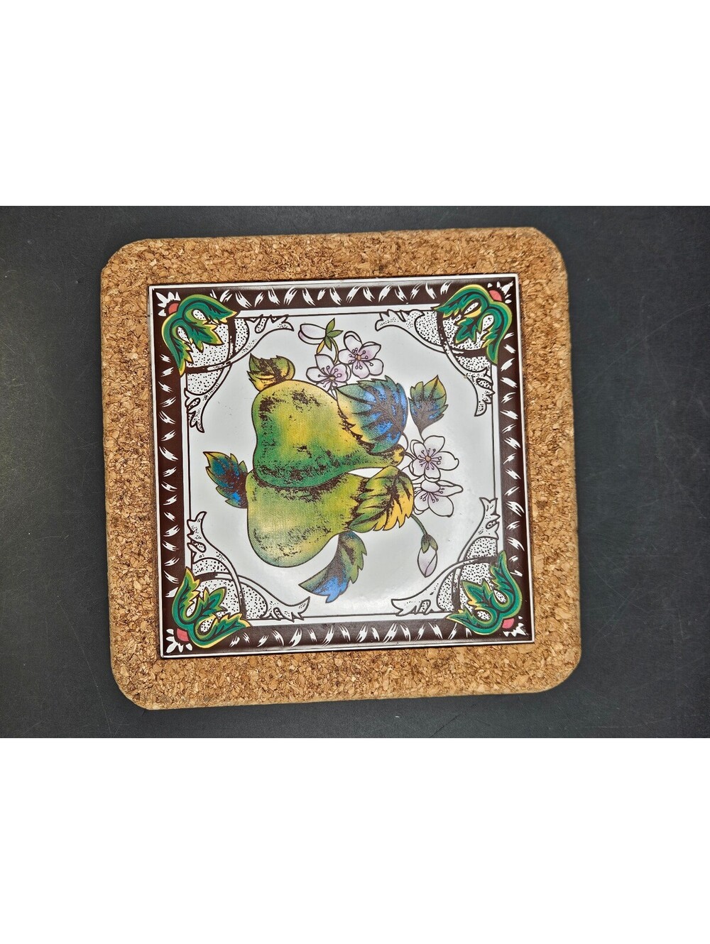 Vintage Pear Ceramic Tile Trivet Cork Backed Regent Products 8x8
